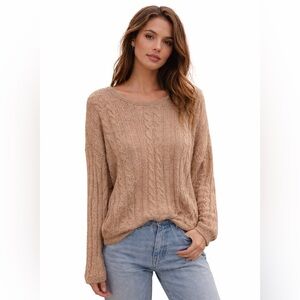 Free People Cable Knit Sweater Neutral Tan Alpaca Blend Cozy Boho M